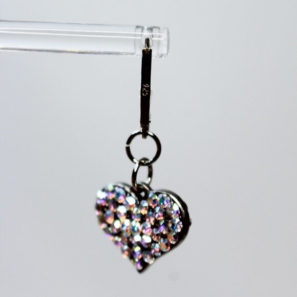 Earrings MARKED 925 STERLING SILVER Pierced Dangle Leverback Heart Rhinestone - Picture 5 of 12